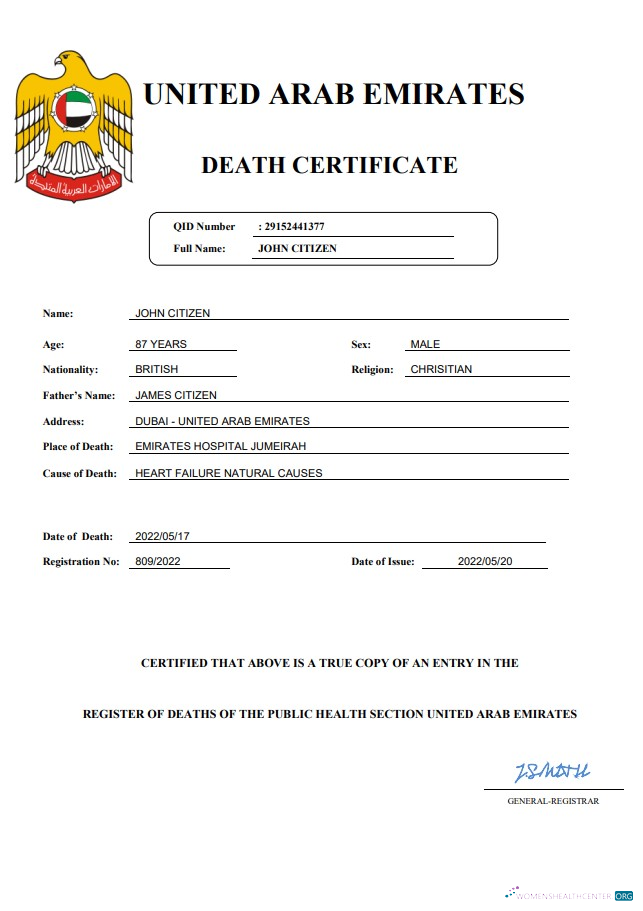 Download UAE vital record death certificate Word and PDF template Photoshop template
